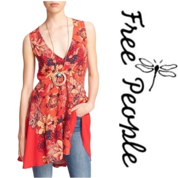 FREE PEOPLE Backyard Party Mini Dress Tunic Sleeveless Bright Red Swing Small - Picture 2 of 7